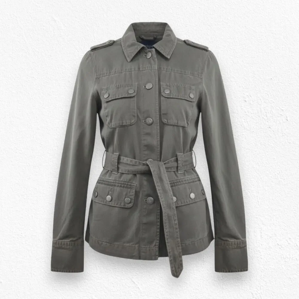 J. Crew Olive Green Utility Jacket Silk Blend Belted Military Style Size Small